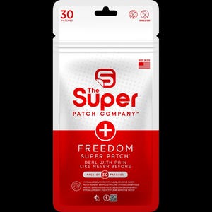 May include: A white and red package of 30 "Freedom Super Patches" from The Super Patch Company. The package includes the text "Deal with pain like never before" and "Hypoallergenic Polyethylene Adhesive Patch". Made in the USA.