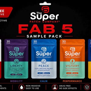May include: The Super Patch Company FAB 5 sample pack featuring five pouches with different goals: Freedom, Liberty, Peace, Victory, and Defend. Each pouch contains 30 patches. The packaging is white, purple, blue, orange, and yellow with the brand logo and product information.