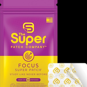 May include: A purple and yellow package of "The Super Patch Company" focus patches. The package includes 30 patches, with the text "Focus Super Patch, Study Like Never Before." The patches are single-use and made in the USA.