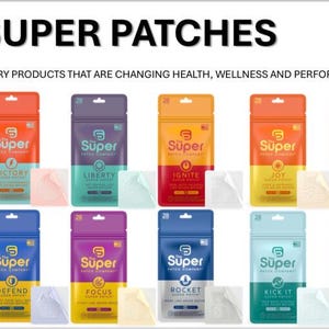 May include: Image of twelve colorful product packages labeled "The Super Patches." Each package has a different color and name, such as "Freedom," "Victory," and "Peace." The text "12 Revolutionary Products" is at the top.