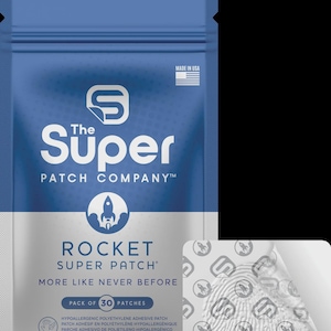 May include: A blue and silver package of "Rocket Super Patch" with the text "The Super Patch Company". The package contains 30 patches and is made in the USA. A single patch is visible.
