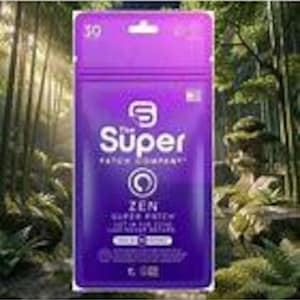 May include: A purple pouch from The Super Patch Company, labeled "ZEN Super Patch." The pouch contains 30 patches and features a white circular design. The background is a blurred image of a bamboo forest.