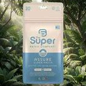 May include: A package from The Super Patch Company, featuring a light beige top and a blue bottom. The text "ASSURE SLEEP PATCHES" is visible, along with the number "30". The background shows lush green foliage.