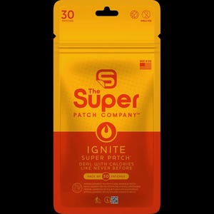 May include: A yellow and red package of "Ignite Super Patch" from The Super Patch Company. The package contains 30 patches and features the text "Deal with calories like never before."