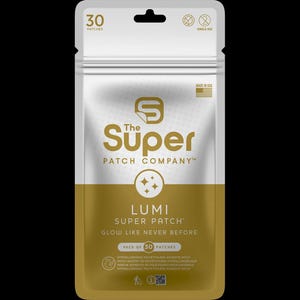 May include: A package of 30 Lumi Super Patches from The Super Patch Company. The package is silver and gold with the text "LUMI SUPER PATCH GLOW LIKE NEVER BEFORE". The package also says "Hypoallergenic Polyethylene Adhesive Patch".