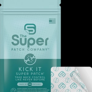 May include: A teal package of "The Super Patch Company" patches, with the text "Kick It Super Patch" and "Take Back Control Like Never Before." The package contains 30 patches and is made in the USA.