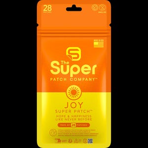 May include: A package of 28 "Joy Super Patches" in a yellow and orange pouch. The text on the package includes "The Super Patch Company", "Hope & Happiness Like Never Before", and "Hypoallergenic".