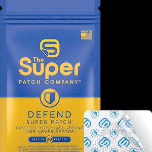 May include: A blue and yellow package of "DEFEND Super Patch" with 30 patches. The package has the text "The Super Patch Company" and "Protect Your Well-Being Like Never Before". A smaller image shows the individual patches.