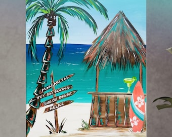 DIY Beach Paint Party Kit, Palm Tree Tiki Bar Scene, Coastal Craft Kit