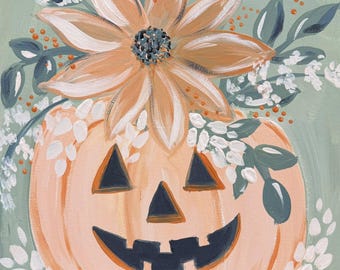 Floral Pumpkin Paint Party Kit, Preprinted Canvas, Acrylic Paints, Brushes, Apron, Instructions