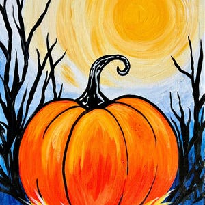 May include: A painting of a large, vibrant orange pumpkin with a black stem, centered in the foreground. Behind the pumpkin are black silhouettes of bare, leafless trees against a bright yellow sun and a light blue sky with yellow highlights.