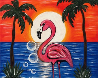 Sunset Flamingo Paint Party Kit, Acrylic Paints, Canvas or Door Hanger, Brushes, Instructions