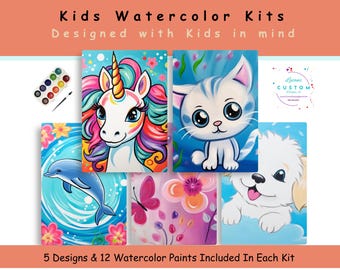Kids Watercolor Paint Kit, 5 Designs, 12 Paints, Unicorns, Dragons, Beginner Friendly