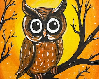 Beginner Owl Paint Kit, Preprinted Canvas, Acrylic Paints, Brushes Included