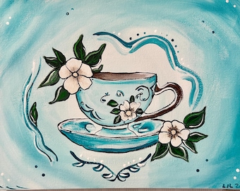 Cup of Tea Paint Party Kit, Beginner Acrylic Painting Set, Preprinted Canvas