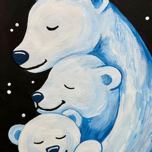 May include: A painting of three polar bears in shades of white and blue, set against a black background with white dots. The bears are embracing, with closed eyes and gentle smiles, conveying a sense of warmth and family.