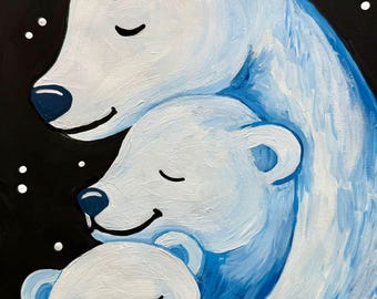 Polar Bear Family Paint Kit, Preprinted Canvas, Acrylic Paints, Brushes, Instructions