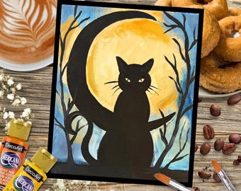 Moonlite Cat Paint Party Kit, Preprinted Canvas, Acrylic Paints, Brushes, Apron