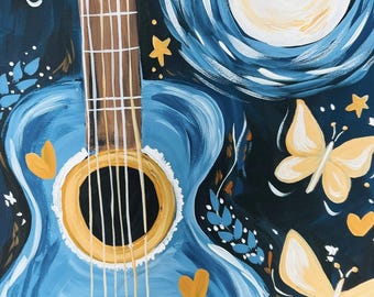 Guitar Paint Party Kit, Preprinted Canvas, Acrylic Paints, Brushes, Instructions