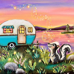 May include: A colorful painting depicting a vintage-style camper with a white top and teal bottom parked near a lake at sunset. A small skunk stands in the foreground among green grass and rocks, while glowing fireflies drift through the air.