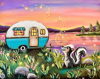 Camper Paint Party Kit, 11x14 Preprinted Canvas, Acrylic Paints, Brushes, Apron, Instructions