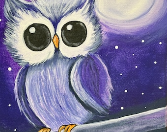 Purple Owl Paint Party Kit, Preprinted Canvas, Acrylic Paints, Brushes, Instructions