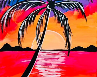 DIY Paint Party Kit, Palm Tree Sunset Ocean Scene, Beginner Acrylic Painting