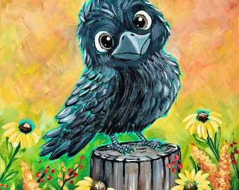 Crow Paint Party Kit, Preprinted Canvas, Acrylic Paint and Brushes, Instructions