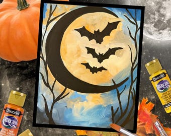 Moonlite Bats Paint Party Kit, Preprinted Canvas, Acrylic Paints, Brushes, Instructions