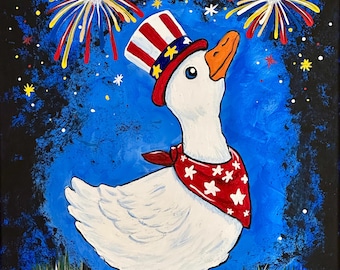 Patriotic Goose Paint Kit, Goose enjoying the Fireworks Show, Preprinted Canvas, Paints, Brushes, Disposable Apron, Instructions