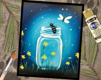Fireflies Jar Paint Kit, Preprinted Canvas, Acrylic Paints, Brushes, Palette, Instructions