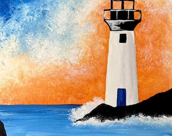 Lighthouse Paint Party Kit, Preprinted Canvas, Acrylic Paints, Brushes, Instructions