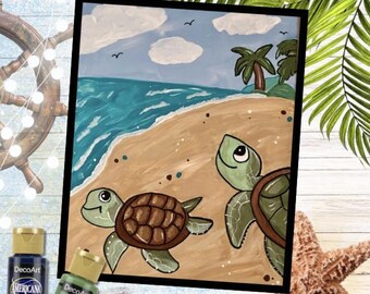 Turtles in the Sand Paint Kit: Pre-Printed Canvas, Acrylic Paints, Brushes (11x14)