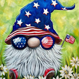 May include: A whimsical painting of a gnome with a long white beard, wearing a blue hat with white stars and American flag sunglasses. The gnome holds a small American flag and is surrounded by white daisies and green grass.