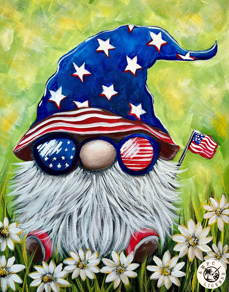May include: A whimsical painting of a gnome with a long white beard, wearing a blue hat with white stars and American flag sunglasses. The gnome holds a small American flag and is surrounded by white daisies and green grass.