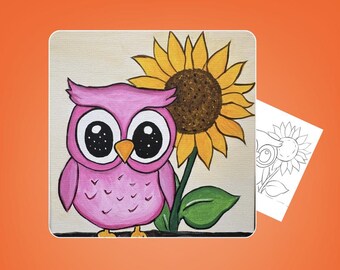 Pink Owl Sunflower Paint Kit, Stretched Canvas Art, Beginner DIY Painting Supplies