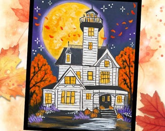 Haunted House Paint Kit, Preprinted Canvas, Acrylic Paints, Beginner Friendly Halloween Art