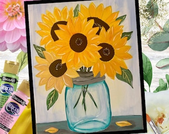 Jar of Sunflowers Acrylic Paint Kit, Beginner Art Set (Preprinted Canvas)