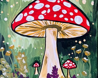 Mushroom Paint Party Kit, Preprinted Canvas, Acrylic Paints, Brushes, Instructions
