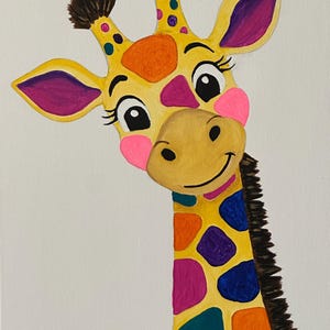 May include: A colorful painting of a giraffe head and neck on a white background. The giraffe features a yellow base with orange, purple, and teal patches, dark brown hair tufts, bright pink cheeks, and large eyes with long black eyelashes.