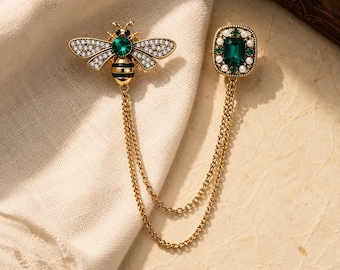 Bienen-Kettenbrosche, Smaragdkristall-Anstecknadel, Vintage-Goldschmuck-Geschenk