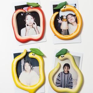 Könnte beinhalten: Vier fruchtförmige Bilderrahmen in Form eines Apfels, einer Orange, einer Zitrone und einer Birne. Jeder Rahmen hat ein grünes Blatt und ein Gesicht. Jeder Rahmen enthält ein kleines Foto einer Person.