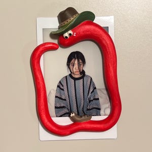 Creative Snake Frame Fridge Magnet | Cowboy Hat Apple Snake Photo Holder for Polaroid and Instax | Original Handmade Clay Sculpture