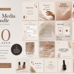 Könnte beinhalten: Ein Social-Media-Bundle mit 50 Designs für Nagelstudios. Das Bild zeigt verschiedene quadratische Layouts mit Text, Nagellackflaschen und Handbildern. Die Farbpalette umfasst Beige, Braun und Weiß.