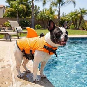 May include: A white and black French Bulldog wearing an orange shark fin life vest stands by a pool. The dog is wearing a bright orange life vest with black straps and a dorsal fin on its back. The dog is looking to the right, with a happy expression.