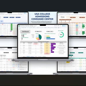 May include: Five laptop screens displaying the USA COLLEGE ADMISSIONS COMMAND CENTER spreadsheet interface. The central screen shows a dashboard with a pie chart, bar graphs, and a table tracking application status, deadlines, and progress bars.