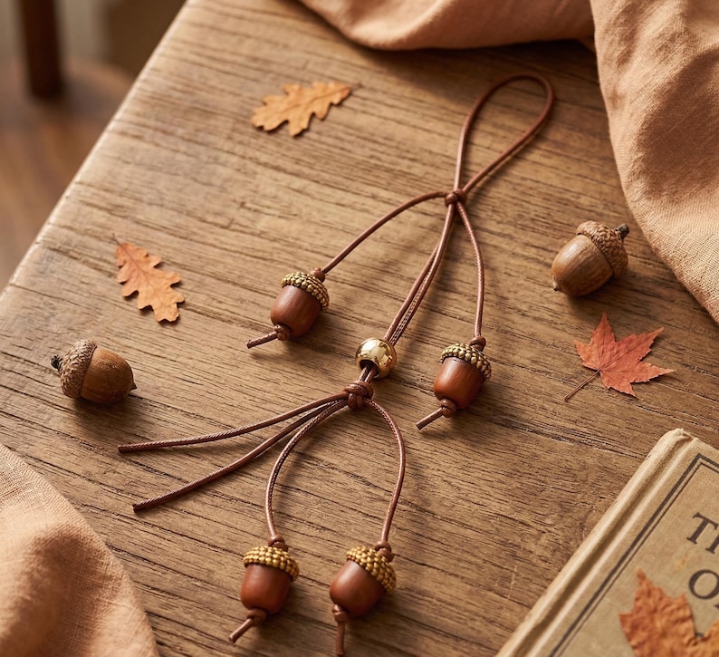 May include: A close-up of a wooden table with autumn-themed decorations. A brown leather cord with acorn pendants and a gold bead is the focal point. Scattered around are real acorns and dried leaves in shades of brown and orange.