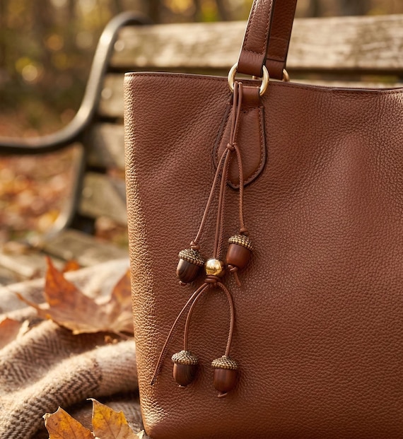 Acorn Bag Charm, Autumn Keychain, Leather Tassel Charm, Rustic Woodland Accessory, Fall Aesthetic Keyring, Nature Inspired Charm