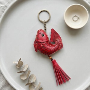 Koi Fish Bag Charm, Red Leather Keychain, Lucky Fish Charm, Tassel Bag Accessory, Aesthetic Keyring, Unique Gift Idea