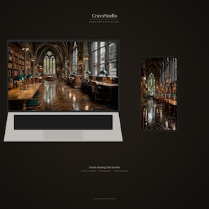 May include: A laptop and smartphone display a digital image of a grand library interior with arched ceilings, wooden tables, and bookshelves. The image is titled "Grand Reading Hall in Rain" and is a desktop and phone set.